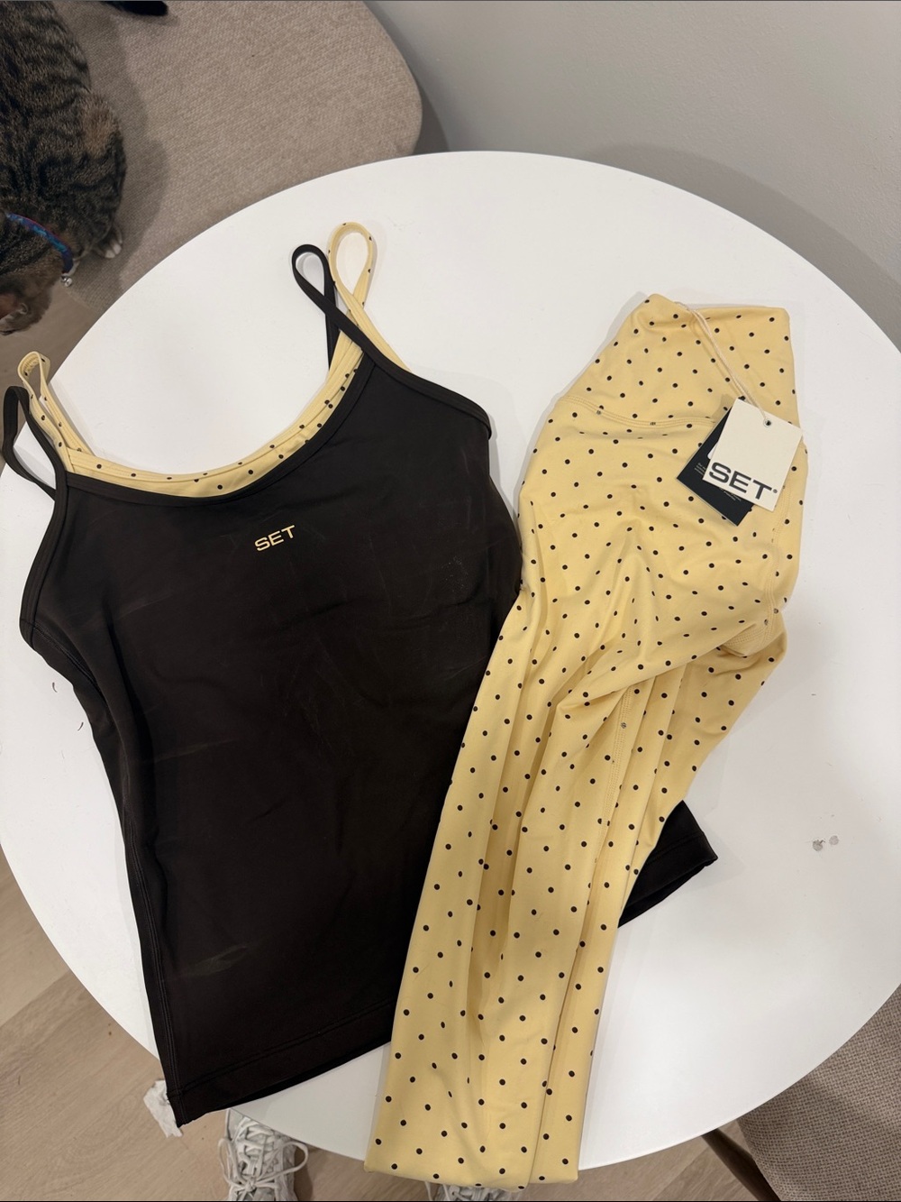 Set Active Black & Yellow Polka Dot Tank and Legging Set